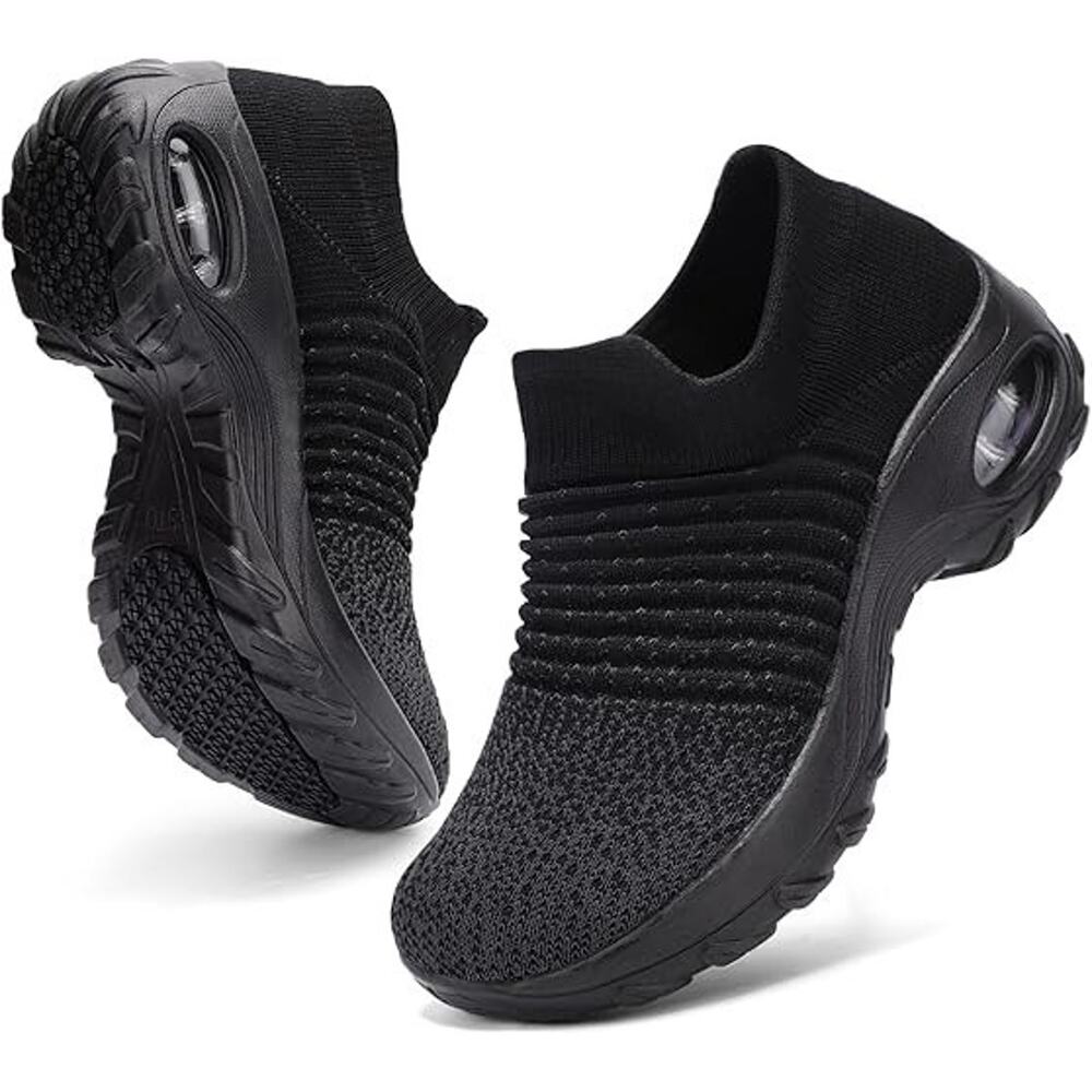 HKR Walking Shoes Arch Support Non Slip Work Shoes Breathable Knit, Black, Sz 8